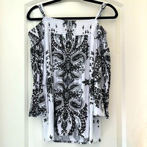 Medium INC jersey knit off-the-shoulder top with 3/4 bell sleeves.